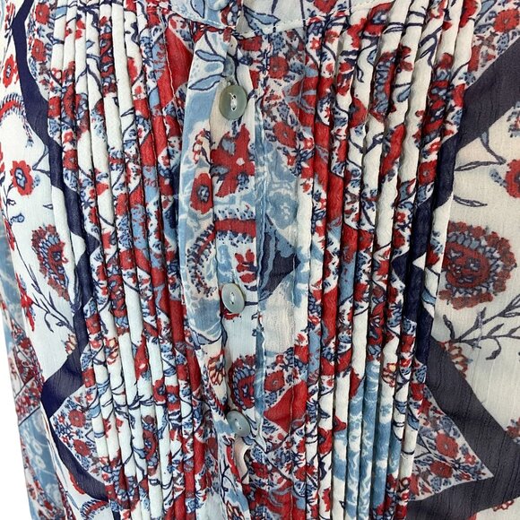 Daniel Rainn Gleeson Tab Sleeve Pleated Front Blue Red Floral Popover Blouse LG - Picture 3 of 13